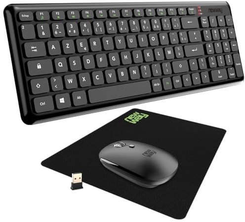 NEWWAY – Pack RF01 Tastiera Mouse Wireless con Tappetino – Tastiera Wireless Francese (AZERTY) 97 Tasti 13 Scorciatoie multimediali – Mouse WiFi 2.4 GHz 4 Tasti Compatti – Ricevitore USB - Nero