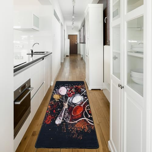 miqna Küchenteppich, rutschfeste Küchenläufer, Waschbarer Küchen Teppich, Schwarz Küchenmatte, Waschbarer Küchen Teppich (Schwarz, 60 x 200 cm)
