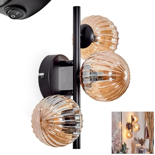 Wandleuchte Chehalis, Wandlampe aus Metall/Riffelglas in Schwarz/Bernstein, Leuchte im Retro/Vintage-Design m. Schirmen aus Glas (Ø 10 cm) u. An/-Auschalter am Gehäuse, 3 x G9, ohne Leuchtmittel