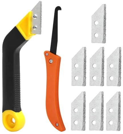 Grout Scraping Rake Tool, Clean Remover Tile Saw Knife with 6 Pieces Extra Replacement Accessories, Remover Tile Grout Hand Saw Angled Grout for Tile Cleaning(9 Pcs) (Yellow)