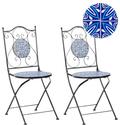 Beliani Lot de 2 Chaises de Jardin Vintage en Métal Extérieur Motif Mosaïque Bleue Cadre en Fer Pliantes Noir Civita