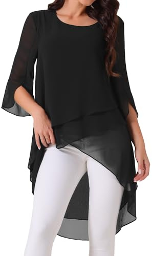 Seta T Women's High Low Tops Scoop Neck Chiffon Blouse Asymmetrical Loose Shirt 3/4 Sleeve Casual Summer Tops X-Large Black