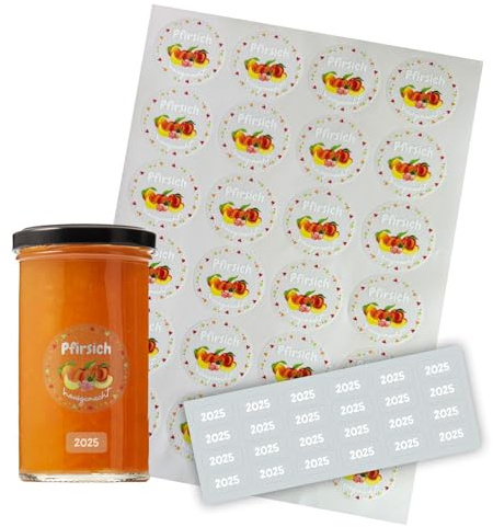 FOTOFOL transparente Aufkleber Marmelade - selbstklebende Etiketten für Marmeladengläser, Deckeletiketten, Einmachgläser (Pfirsich)