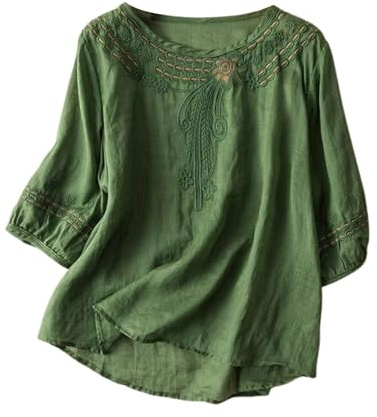 Hauts pour femmes tendance bohème en lin style paysan - Chemisiers brodés floraux à style bohème - Tunique estivale hippie à volants sur le devant - Coupe ample décontractée à col en V en gaze