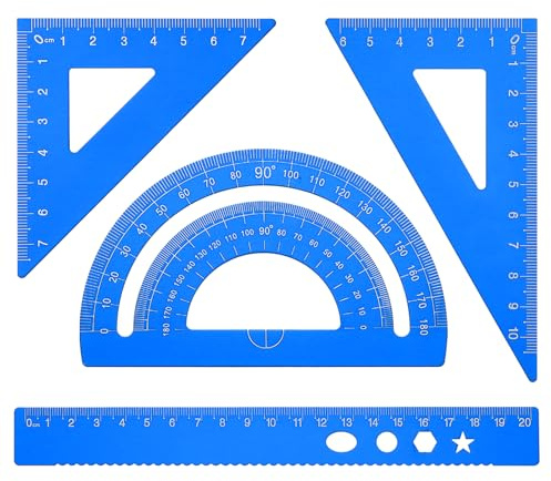PATIKIL Set di Squadra Triangolare, Righello Metrico da 20cm in Alluminio, Squadra Triangolare 45°60° e Goniometro, 4Pz, Blu