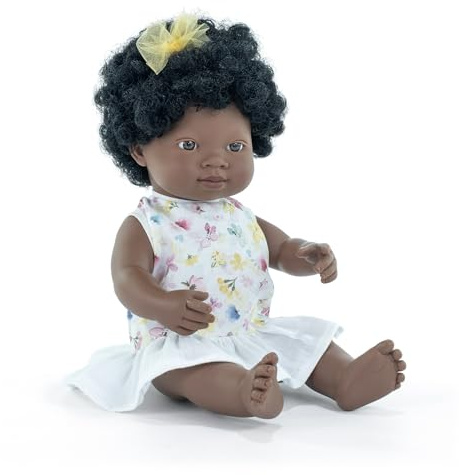Miniland Baby Doll African Girl 38cm. Made in Spain with vanilla scent. Anatomically correct. My Friends & Me collection