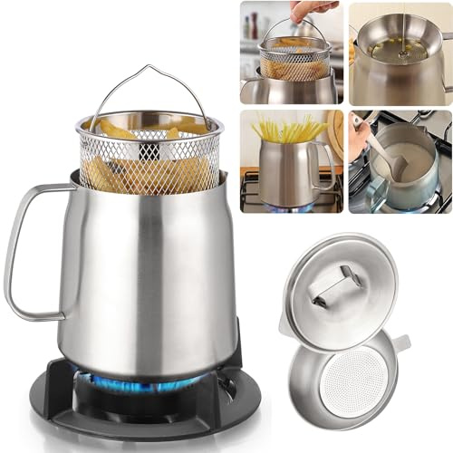 Olla de filtro de aceite de acero inoxidable de 2 litros de gran capacidad, versátil filtro de aceite de malla fina, colador extraíble y tapa cómoda, protector de grasa de tocino con colador para