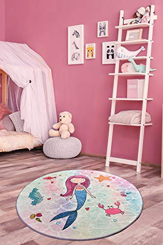 Bosdela Kinderteppich - und Babyteppich Meerjungfrau - Design Runden Ø140 cm, rutschfest und Weich, Ideal für Kinderzimmer, Spielzimmer und Krabbelmatte