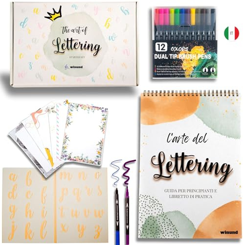 Winund Handlettering Starter Set – Komplettes Handlettering Übungsheft mit Stiften und Postkarten – Kreativ Set für Kinder und Erwachsene, ideal als Geschenk für Mädchen (ITALIAN)