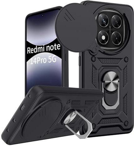 COPIKE Cover Armor per Xiaomi Redmi Note 14 Pro 5G / Xiaomi Poco X7 5G, Custodia Antiurto Protezione Fotocamera e 360° Metallo Anello Supporto, Nero