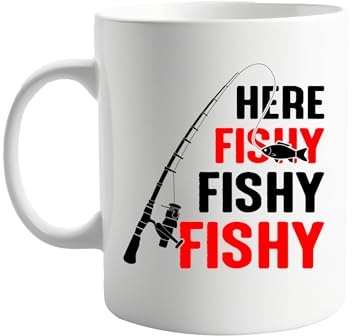 signkitsuk Here Fishy Fishy Fishy 11oz Ceramic Coffee Mug – Hilarious Fishing-Themed Present for Dads, Anglers, and Fishing Lovers – Quirky Tea Cup for Home, Office, or Camping Trips