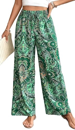 YUTILA Damen Weite Hosen Sommer Boho Strandhose Leichte und Luftige High Waist Freizeithose Casual, Lockere,Muster,Boho,Strandhose mit Kordelzug und Taschen