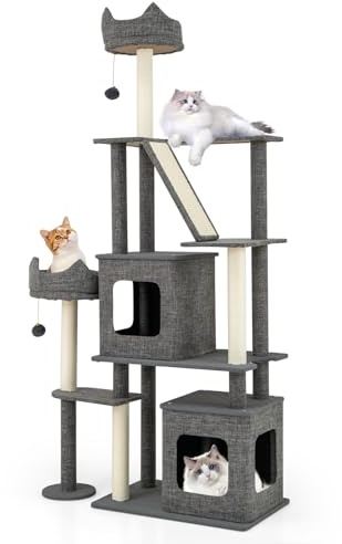 COSTWAY Kratzbaum groß, 180 cm hoch, Katzenbaum mit 2 Höhlen, Plattformen, Katzenbett, Sisalpfosten, Ball & Leiter und Sisalbrett, Katzenkratzbaum Katzen, Katzenhaus Katzenmöbel, Grau