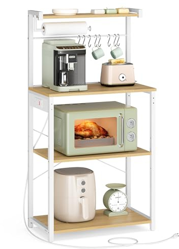 VASAGLE 4-Tier Kitchen Bakers Rack with Power Outlet, 23.6-Inch Wide | Microwave Stand, Coffee Bar, with 8 S Hooks, Adjustable Shelf, Golden Oak and Cloud White, BARNET Collection UKKS014Y01V1