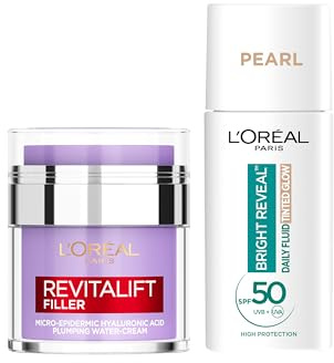 L’Oréal Paris Hydrate, Glow & Protect Bundle: Revitalift Filler Replumping Water Cream+ L’Oréal Paris Bright Reveal UV Fluid Tinted Glow - Pearl - SPF 50+ for Face