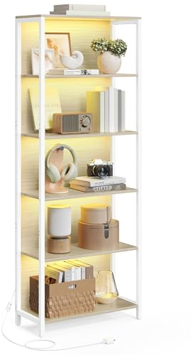 VASAGLE 6 nivåer bokhylla med LED-ljus, bokhylla med justerbara lampor, stålram, 30,3 x 60 x 178,6 cm, för vardagsrum, sovrum, kontor, naturlig beige LLS120LL01