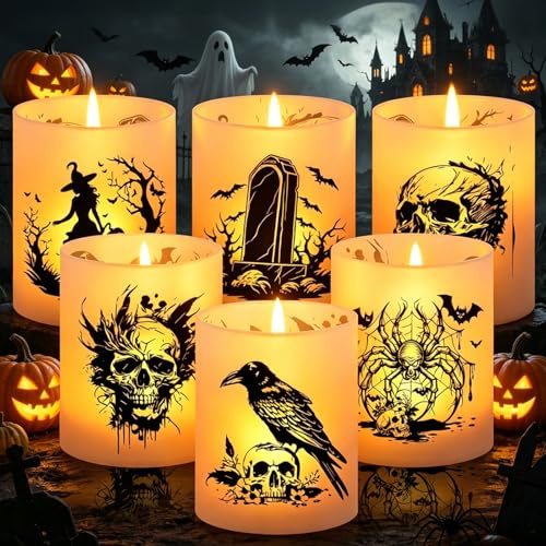 Forbabe 12 Windlicht Tischdeko Halloween, Gruselig Halloween Deko Tisch | Kerze Lichthülle Windlichter mit Hexe Grabstein Fledermaus Spinne Totenköpfe Motive für Teelichter/Kerzen zum Garten Party
