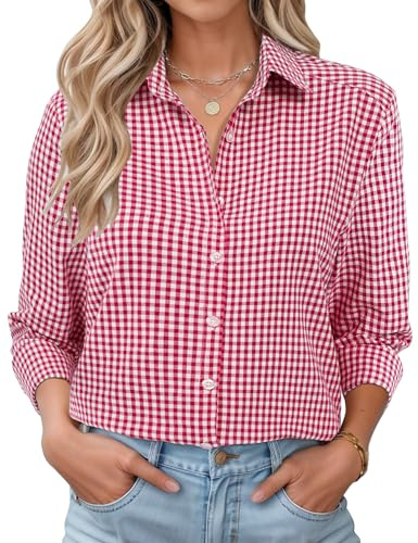 Rapbin Womens Blouse Cotton Shirts Casual Long Sleeve Blouses V Neck Button Down Shirts Ladies Business Tops Red Plaid M(UK 12-14)