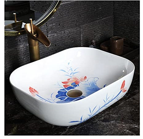 AYCDL Waschbecken, Waschtisch, Rechteckig, Porzellan, Keramik, Badezimmer-Waschbecken, Aufsatzwaschtisch, Kunstwaschbecken, Weißes Becken Mit Vintage-Lotus-Muster, 1