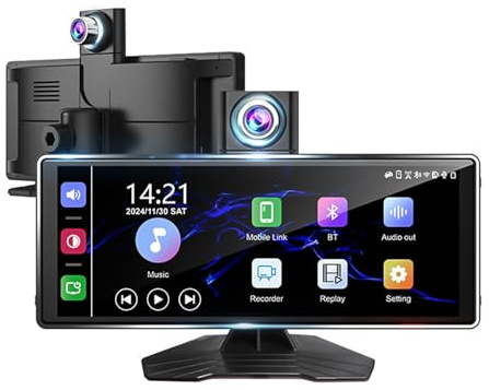 WEDAWIN Pantalla Coche, 10,26'' Pantalla Carplay Coche para Ap-ple CarPlay y Android con Cámara Trasera y Delantera HD 1080P, Pantalla Dividida, Control por Voz