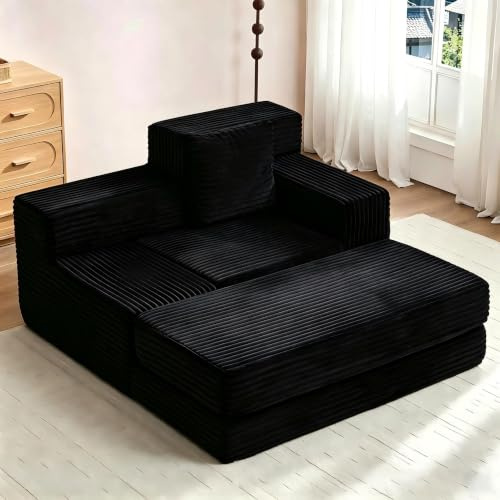 Wumagin Schlafsessel aus Cord, Riesiges Bodensofa mit Schlaffunktion, Cloud Sofa mit Chaiselongue mit 2 Kissen, Keine Montage erforderlich, Bequeme Relaxsessel für Wohnzimmer (Schwarz)