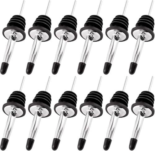 12 Pcs Stainless Steel Liquor Pourers, Liquor Bottle Pourers Tapered Spout Freeflow Pourer Dispenser with Silicone Dust Caps for Pours Spirits Vinegar Syrup or Olive
