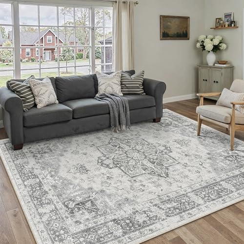 PureCozy Vintage Teppich Wohnzimmer Grau 160x230cm Wohnzimmerteppich Schlafzimmer Waschbarer Weich rutschfest Groß Carpet Bettvorleger Esszimmer Kurzflor Teppiche Carpet Living Room