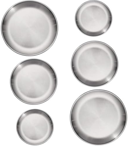 WEIWUXIAN 6 Stück Edelstahl Rundes Geschirr Unterteller, Edelstahlteller, Camping Plate, 3 Größen von Edelstahl Plate, Rostfreier Stahl Plates Set für Party, Camping, Küche, 14/17/20cm