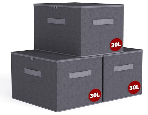Sekey Aufbewahrungsbox mit Deckel, Faltbare Stoff Box mit Griffen, Aufbewahrungskiste & Organizer für Kleidung im Kleiderschrank & Spielzeug im Kinderzimmer - 3er Set, 40x30x25cm, Schiefergrau