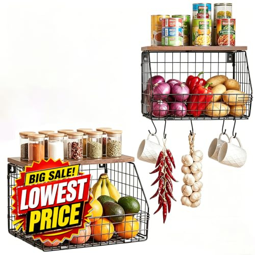 HAAYOT 2 Pack Fruit Basket Metal, Kitchen Hanging Fruit Bowl with Banana Hanger, Kitchen Countertop Rack, Wall mounted Storage Baskets for Vegetables, Fruit, Bread, 1 Large 1 Medium