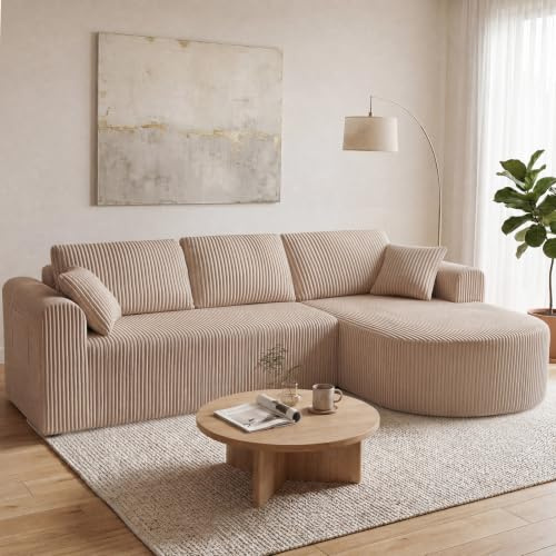 COMHOMA Canapé d'angle modulaire en velours côtelé de 243 cm avec méridienne, canapé-lit en forme de L, canapés sectionnels avec coussins et poches latérales, canapé pour salon, sans montage, beige