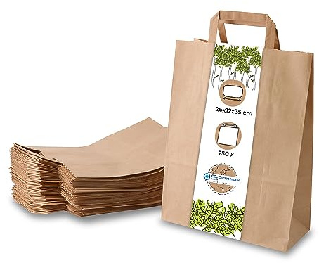 BIOZOYG 250x Papiertragetaschen 26 x 12 x 35 cm - braune Papiertüten mit Henkel Einkaufstüten - Papiertaschen Geschenktüten Tragetaschen Recyclingpapier