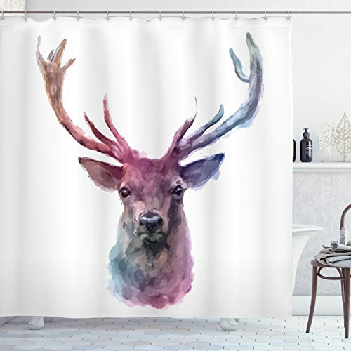 ABAKUHAUS Cerf Rideau de Douche, Nature Sauvage Antlers, Tissu Ensemble de Décor de Salle de Bain avec Crochets, 175 cm x 220 cm, Rose Lilas