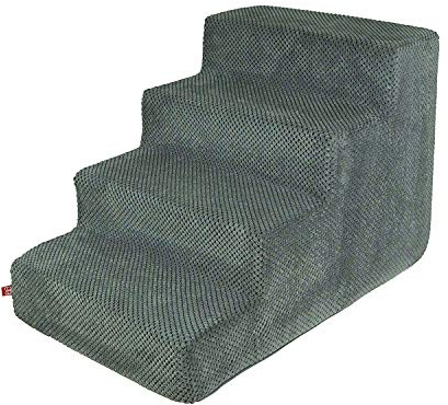 Hundetreppe 40 cm hoch | Katzentreppe Haustiertreppe | 4 Stufen | Hunde Katzen Haustier | für Bett und Auto | Trepp für kleine Hund | Plüschbezug | Farbe: Dunkel Grau