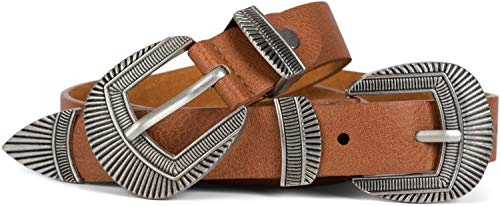 styleBREAKER Damen PU Gürtel Western Doppelschnalle | Stufenlos auf individuelle Länge kürzbar, 2,3 cm breit. Variabel als Taillen- oder Hüft-Accessoire tragbar, mit Prägung.