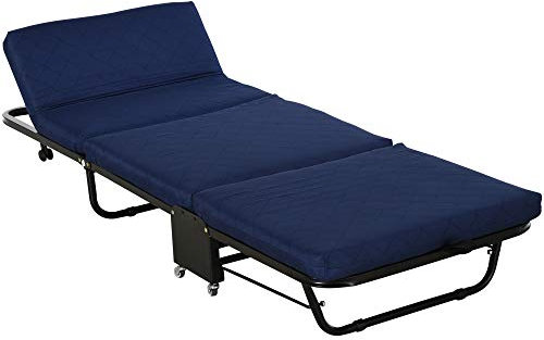 HOMCOM Cama Plegable 184x65 cm con Colchón Cama Abatible con Cabecera Ajustable en 5 Niveles Ruedas Universales y Estructura de Metal Carga Máx. 120 kg Azul