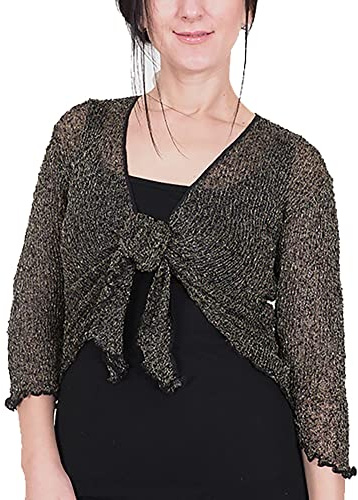 Mimosa damer virkad rull Bolero glitter eller vanlig superstretchig spets fisknät slips i midja Bolero öppen cardigan passar UK 6-28, Svart guld, One Size (Stor)