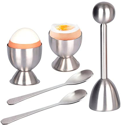 Xicennego Egg Cracker Topper Set of 5 - Includes 2 Egg Cups, 2 Spoons and 1 Cutter - Stainless Steel Easy Egg Opener