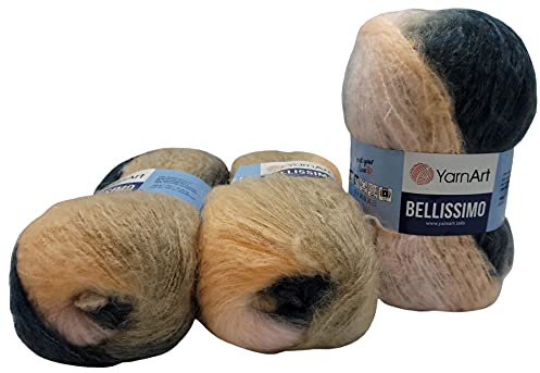YarnArt 3 x 150 Gramm Bellissimo Strickwolle mit Mohair 450 Gramm Wolle mit Farbverlauf (schwarz beige apricot rosa 150g) 1416