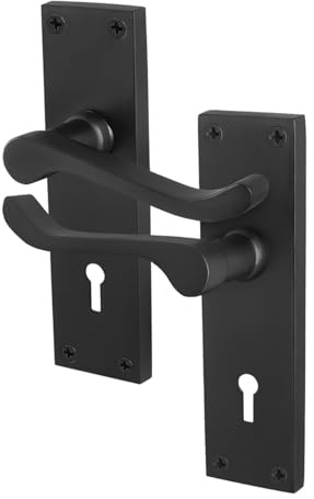 EAI Matt Black Door Handles Sash Lock, 1 Pair - Victorian Scroll | 1 Pair of Victorian Scroll Lever on Backplate Internal Door Handles for Sash Lock, Fixings Included