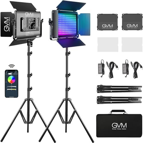 GVM LED Videoleuchte mit Stativ, 2er Pack 680RS 50W RGB Fotolicht Studiolicht Panel mit APP Steuerung, 3200K-5600K 8500Lux/0,5m Videolamp für Film Foto Studio YouTube Streaming CRI97+,18 Lichteffekt
