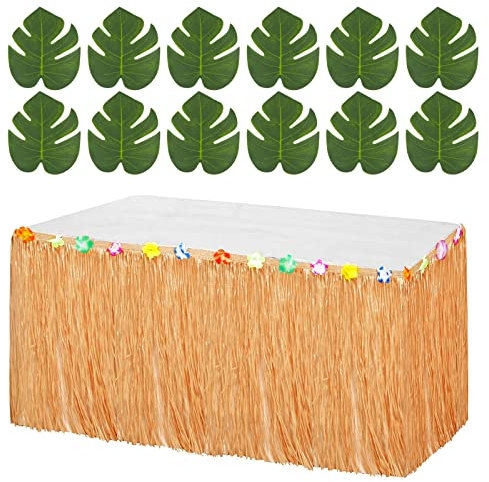 BETESSIN Jupe Table Hawaïenne 276x75CM Luau Hibiscus Fleurs Herbe avec 12 Pcs Feuille Palmier Plastique Décoration Tropicale pour Fête Eté Luau Hawaïenne Pique-Nique Plage Mariage Anniversaire