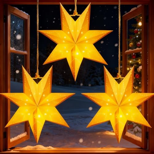 Large Paper Star Lanterns with Lights 3D 7 Pointed Christmas Paper Lanterns 3Pcs Foldable Decorative Christmas Hanging Decorations for Xmas Birthday Holiday Wedding Home Decor New Year Party