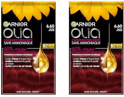 Garnier Olia Permanente Haarfarbe, ohne Ammoniak, Färbung mit Blütenölen natürlichen Ursprungs mit aufhellender und pflegender Wirkung, Farbe 6.60, Intensives Rot, 2 Packungen