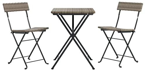 vidaXL Bistro Set 3-TLG., Klappbar Gartenmöbel Set, Essgruppe mit Stahlrahmen, Balkonset Sitzgruppe Garnitur Klapptisch, Grau Poly Rattan