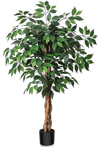 SOGUYI 120cm Artificial Ficus Tree with Natural Wood Trunk, Silk Fake Ficus Tree in Plastic Nursery Pot, Faux Plant for Office Home, Indoor Outdoor Decor, 1 Pack