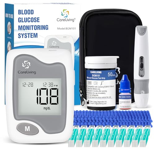 CareLiving Blood Glucose Monitor Kit, 50 Test Strips, 50 Lancets, 1 Blood Glucose Meter, 1 Lancing Device, Diabetes Testing Kit, Portable Blood Sugar Test Kit, Glucometer Kit for Home