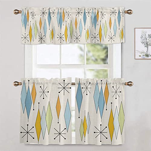 Surwin Scheibengardine Bistrogardine mit Stangendurchzug Geometrie Kurzstores Gardinen Küchenvorhang Scheibengardinen für Café Küche Wohnzimmer Schlafzimmer Bistro (135x115cm,Hellblau)