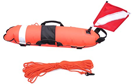 Hopbucan Inflation Marker Buoy Signal Float with Flag and Rope,for Freediving Snorkeling,Red