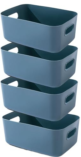 EURXLQ 4 Pezzi Cestini Portaoggetti Plastica Scatole Organizer con Manici,Contenitori per Armadio,Contenitore Plastica,Organizer Portaoggetti per Cucina Bagno Cosmetici (Blu, 25×18×10 cm)